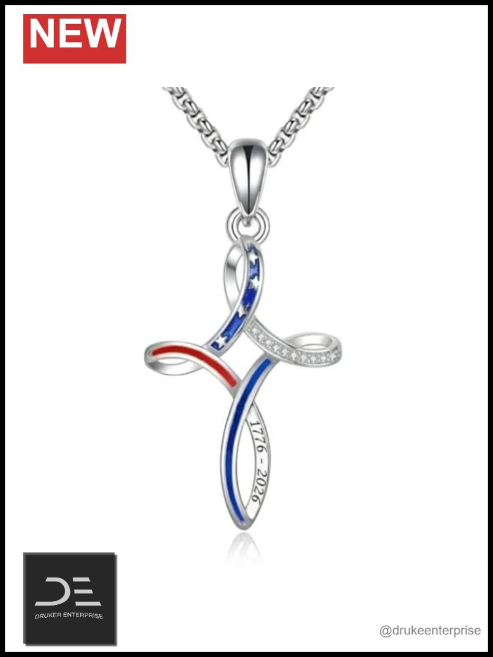 925 Sterling Silver Celtic Cross American Flag Necklace